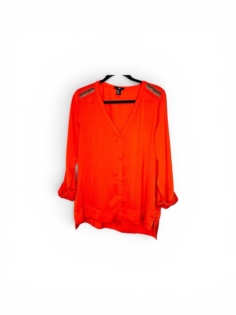 H&M Orange V-Neck Women's 3/4 Sleeve Blouse with Studded Shoulders Size 14.